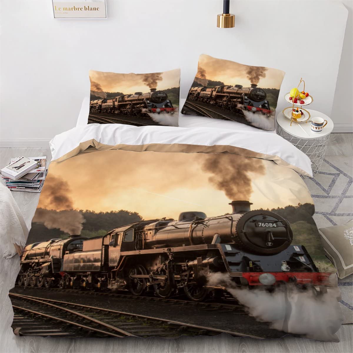 Duvet Cover double Retro Train 3d Printed Colorful Quilt Cover with Zipper Closure and Pillowcase Steam Locomotive Bedspread Cover Ultra Soft Microfiber Bedding Set for Children Adult