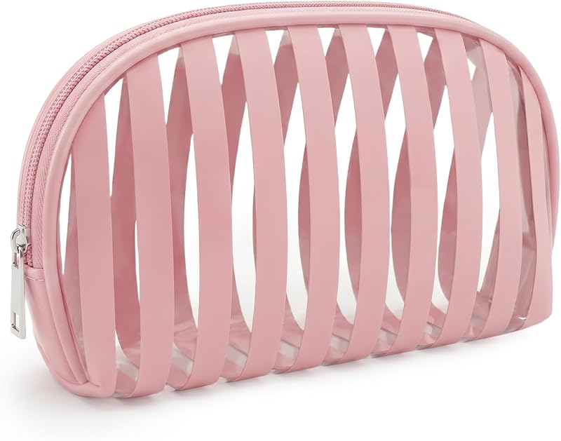 Necessaire Edelefas de PVC transparente com listras rosa, zíper e alça, 20,07 x 11,94 x 7,11 cm, 1 unidade