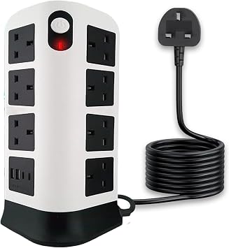 TB1 16-Gang Power Tower with USB-C & USB-A, Surge Protected Multi Plug Extension Lead, 3250W Vertical Power Strip with Switches, Flame Retardant, 1.8M Cable for Office, Home & Desk Use
