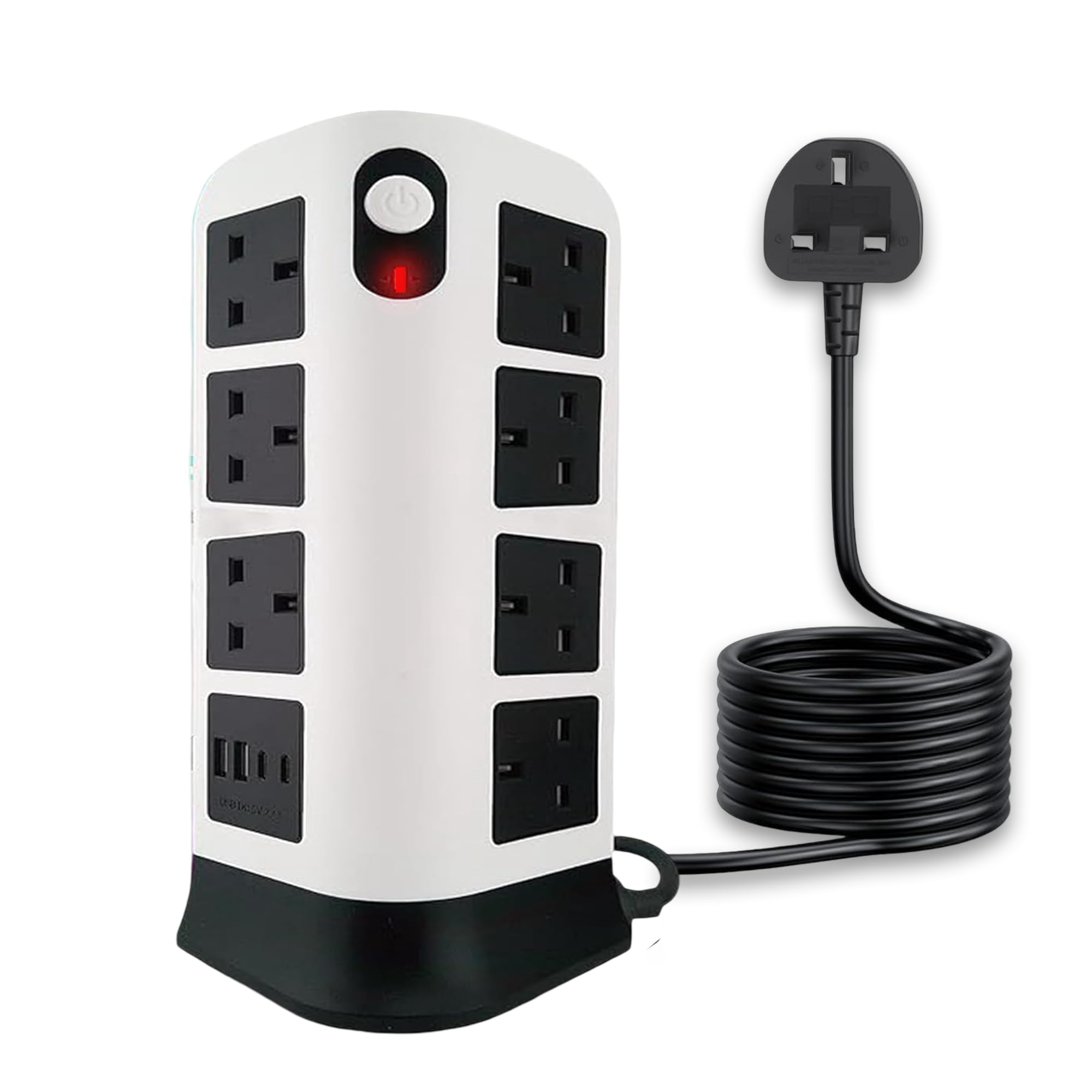 TB1 16-Gang Power Tower with USB-C & USB-A, Surge Protected Multi Plug Extension Lead, 3250W Vertical Power Strip with Switches, Flame Retardant, 1.8M Cable for Office, Home & Desk Use