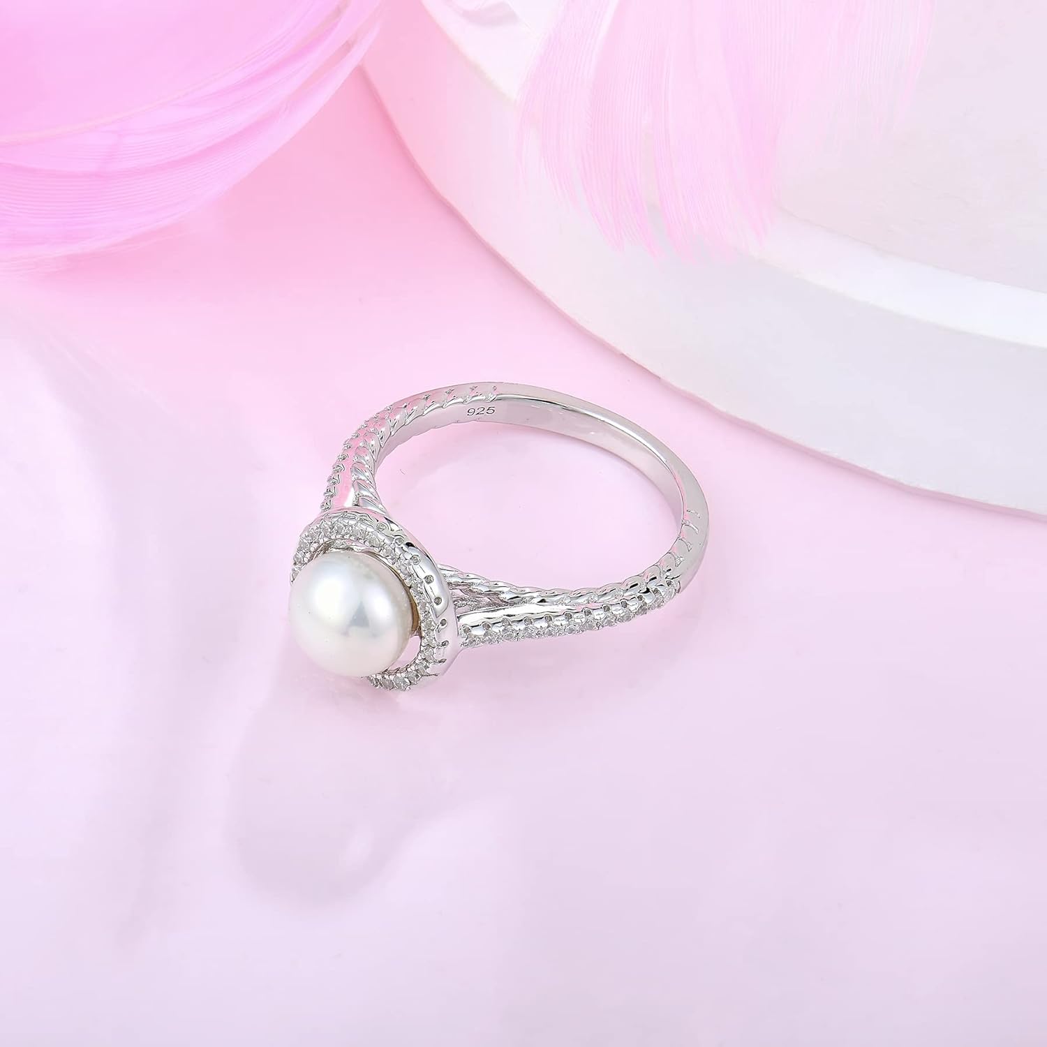 Pearl Ring for Women 925 Sterling Silver Women's Ring Cubic Zirconia Band Engagement Anniversary Statement Promise Ring for Her 7mm Freshwater Pearl Size5-10