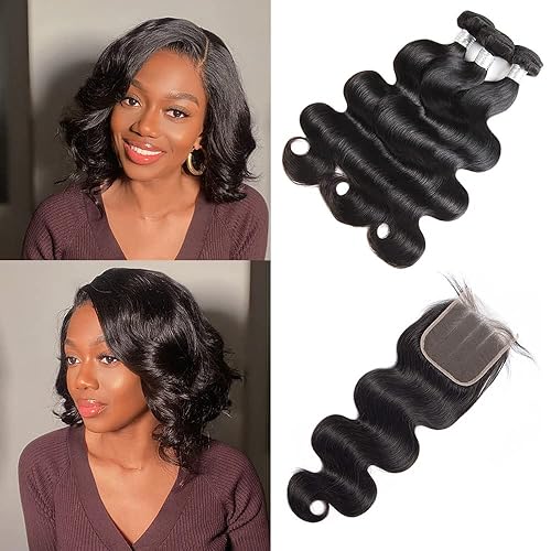 GOSSVOL Extensiones de cabello humano brasileño ondulado con cierre 3 paquetes con cierre 14 16 1812 extensiones de cabello virgen 100 sin procesar