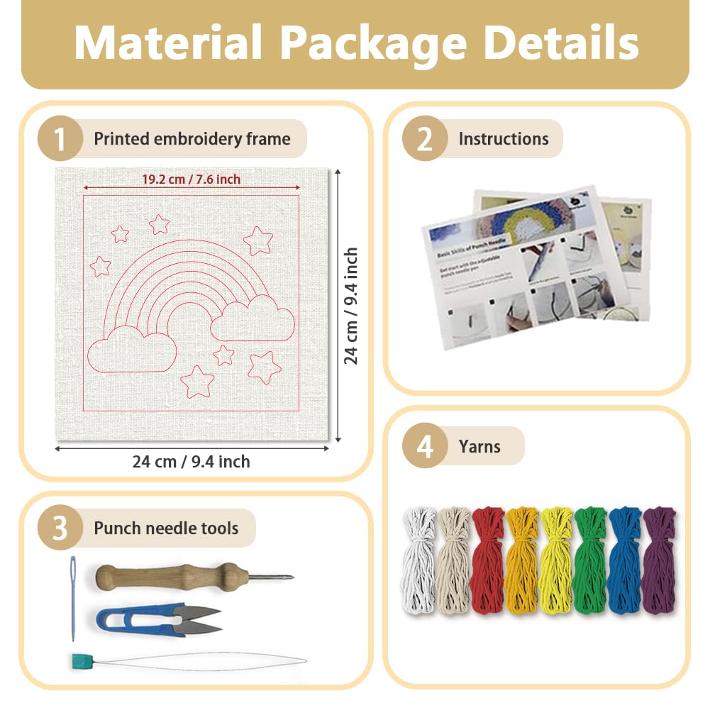 DOODLREAM Cartoon Rainbow DIY Punch Needle Embroidery Kit for Adult Beginner 24 cm Punch Stitching Craft Set for Starter with Frame Fabric Pattern - Image 2