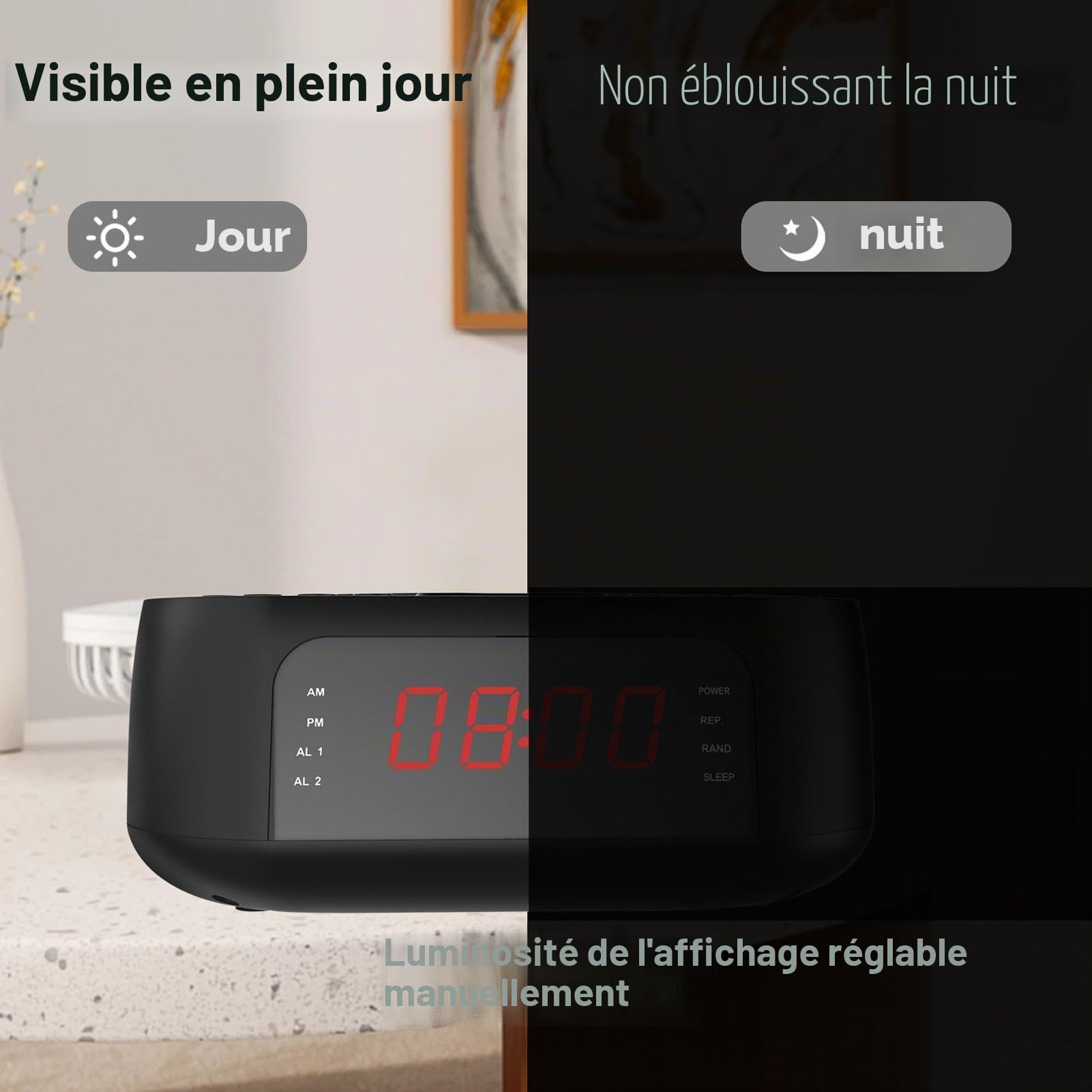 Zunate Lecteur CD Audio, Lecteur de Musique CD Portable avec Réveil, Chargement USB, Affichage à intensité Variable, Radio Bluetooth de Bureau avec Haut-Parleur, Télécommande pour (Prise UE)