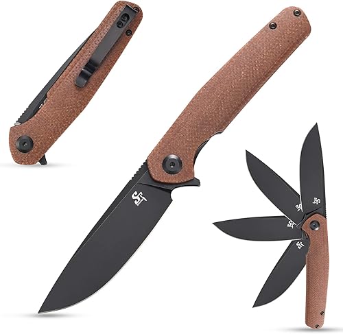 Sitivien Cuchillo plegable ST102, hoja de acero D2+mango Micarta EDC herramienta cuchillo para exteriores, camping, caza, supervivencia (marrón)