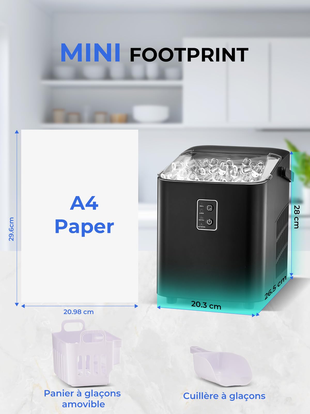 FOHERE Macchina per il ghiaccio, ghiaccio in 5 minuti, 14 kg in 24 ore, mini macchina del ghiaccio autopulente, 2 dimensioni di ghiaccio per cucina, ufficio, bar e feste, maniglia facile (Nero Scuro)