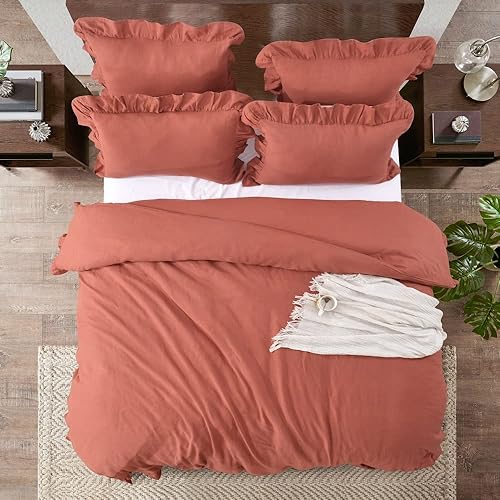 Miniatura 3 de meadow park Funda de edredón de lino de algodón con fundas de almohada, juego de 3 piezas, tela lavada a la piedra vintage, estilo volantes con