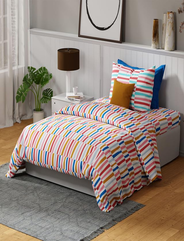 Image of United Colors of Benetton Rainbow White Geometric Pure Cotton Single Bedsheet with 1 Pillow Cover | 144 TC | Skin-Friendly, Soft & Breathable Bed Linen | 90 x 60 Inches