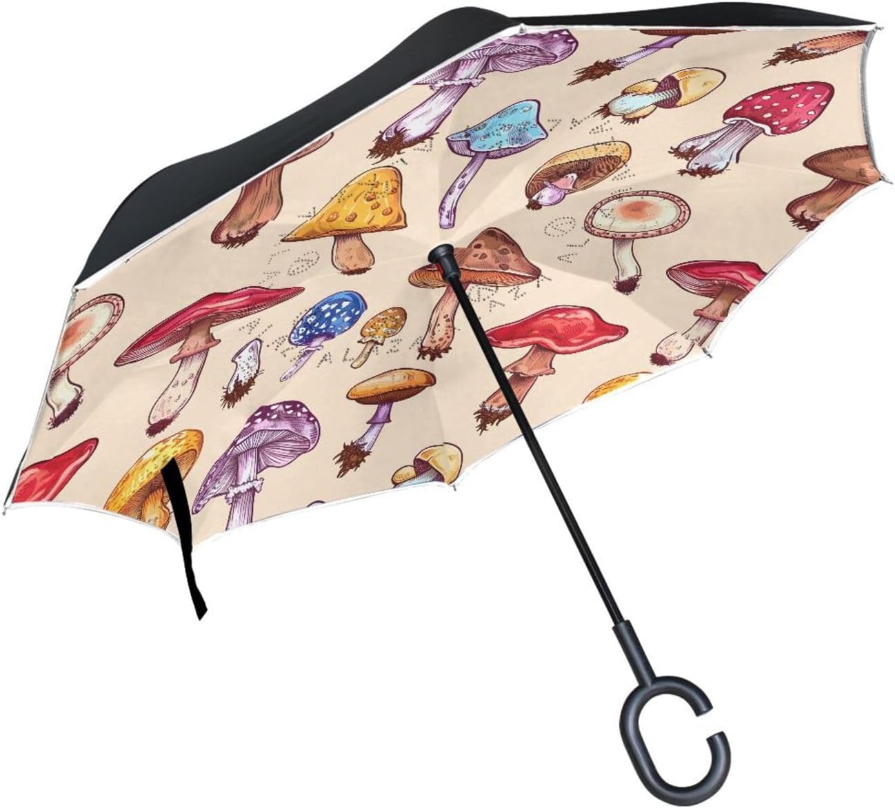 Mushroom Rainbow Color Inverted Umbrellas for Rain Windproof Reverse Upside Down Golf Umbrella with C-shape Handle for Men Women
