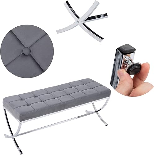 Miniatura 12 de LukeAlon Moderno banco de comedor de piel sintética, banco otomano con botones copetudos con acabado cromado en forma de X, banco tapizado para el