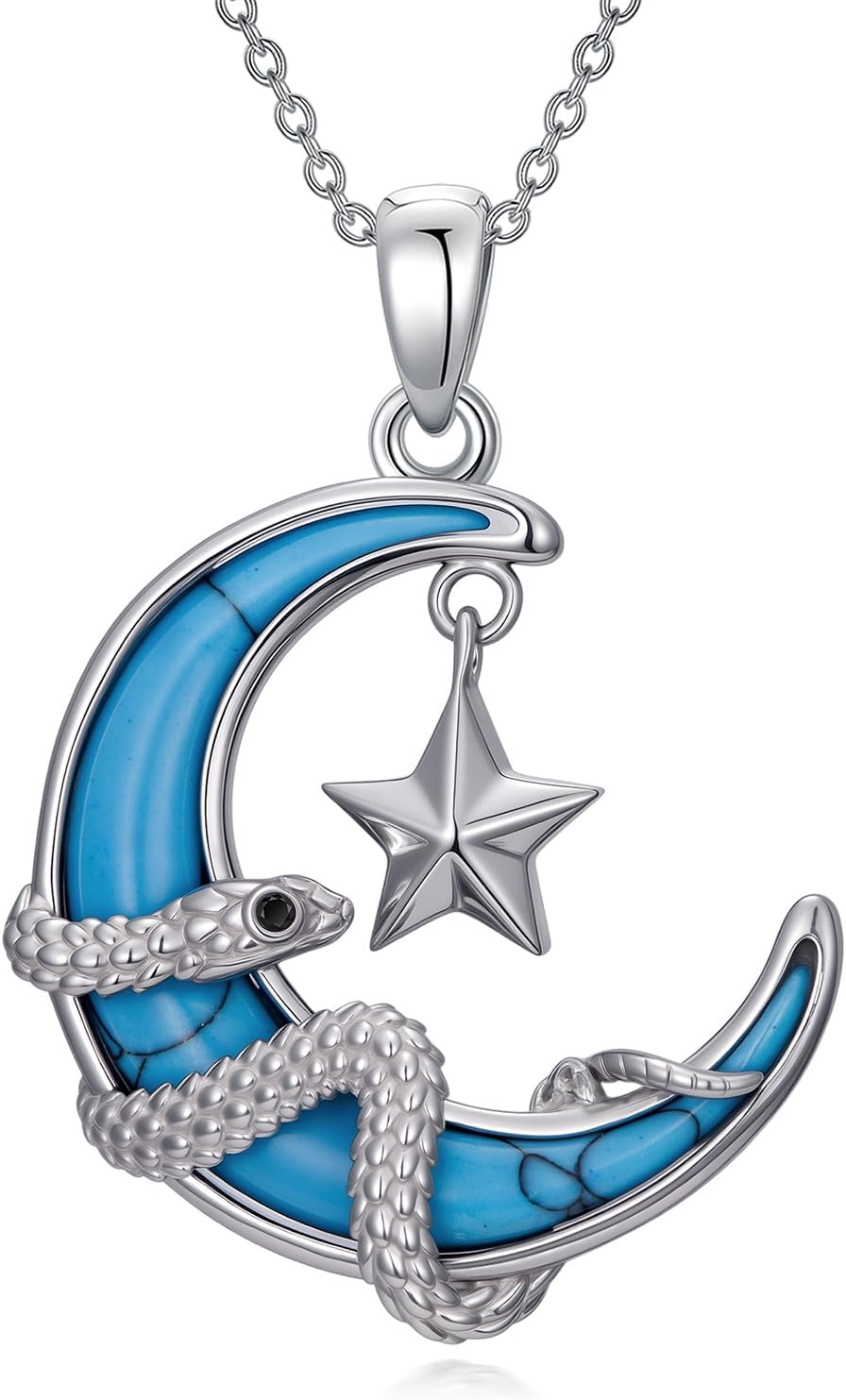 925 Sterling Silver Turquoise Moon Pendant Necklace for Women, Snake/Flower/Bow/Tree of Life/Star Moon Necklace, Dainty Jewelry for Daily Wear & Gifts