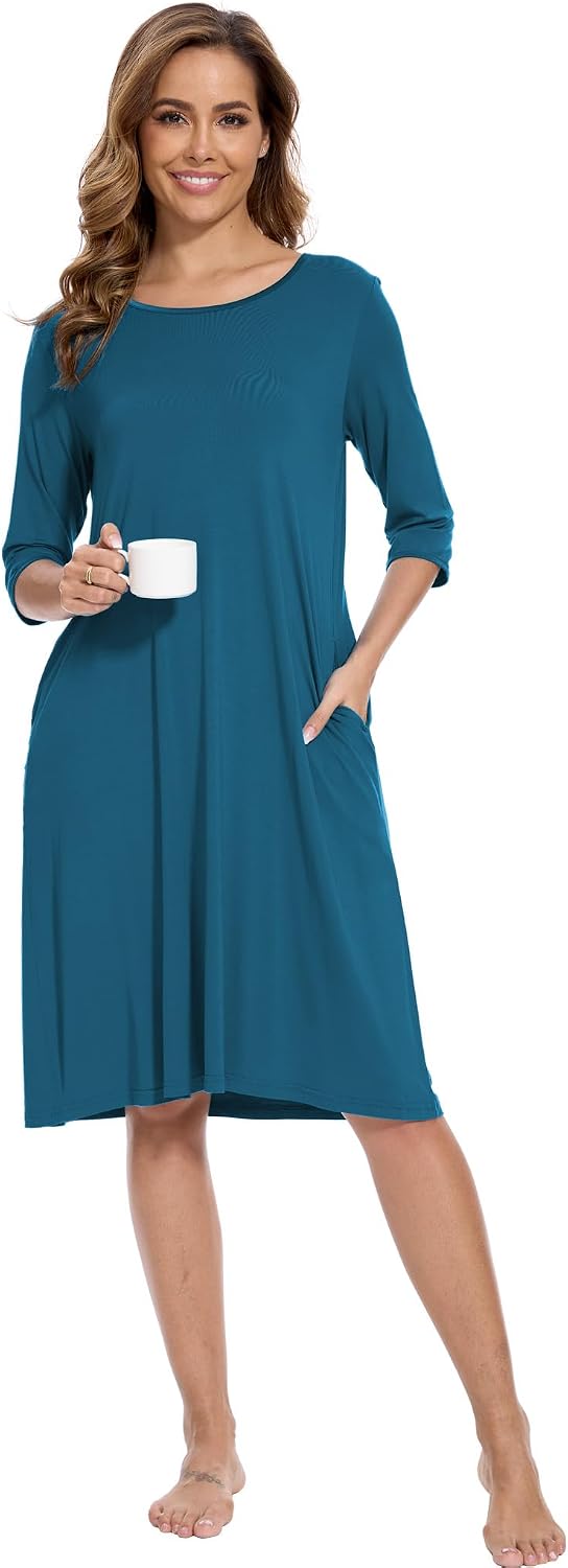 GYS Bamboo Viscose Women's Nightgowns Half Sleeve Crew Neck Sleep Dress with Pockets