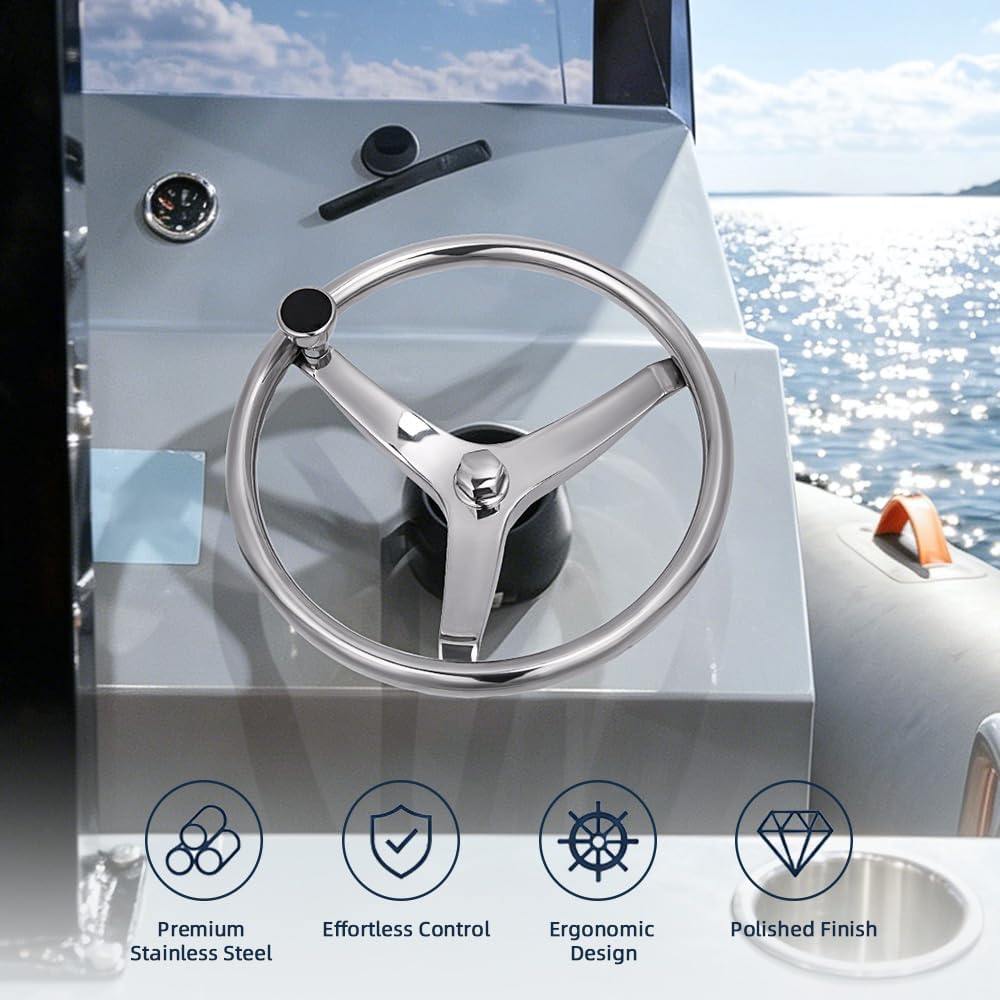 Stainless Steel Boat Steering Wheel with Turning Knob, Destroyer Style Stainless Boat Steering Wheel with Safety Grip Knob for Seastar, Verado,Teleflex Cable Helm and More (3-Spoke Style)