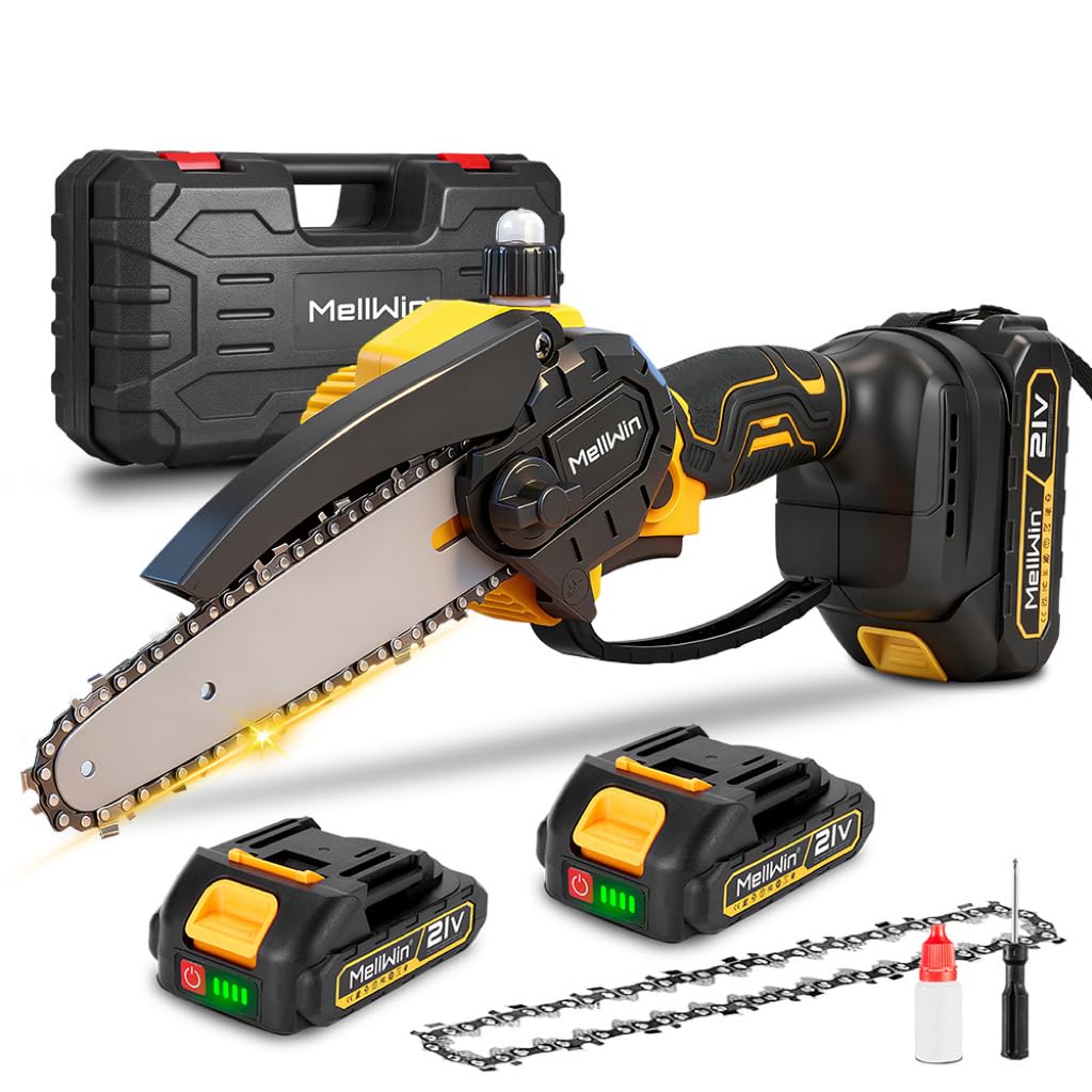 Mini motosega a batteria da 6 pollici con motore in rame puro da 1500 W e 2 batterie incluse – Sega da potatura a batteria, 6 m/s, 4000 giri/min, per giardino, legno e taglio di rami