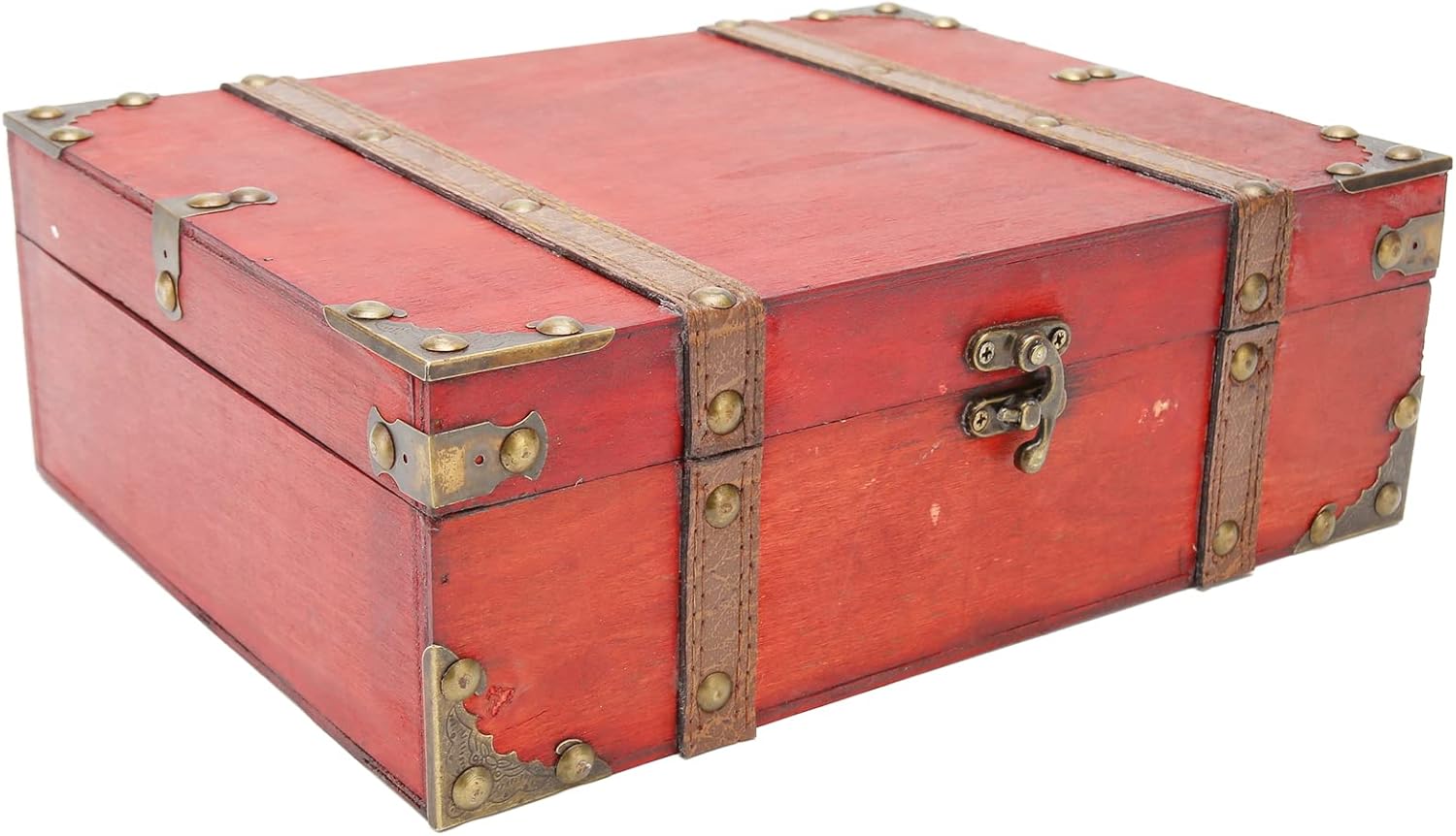 Treasure Chest Rectangle Wood Treasure Box Toy Storage Case with Latch, Vintage Handmade Home Decorations Craft Box for Jewelry(27.5 x 21.5 x 9.5cm)