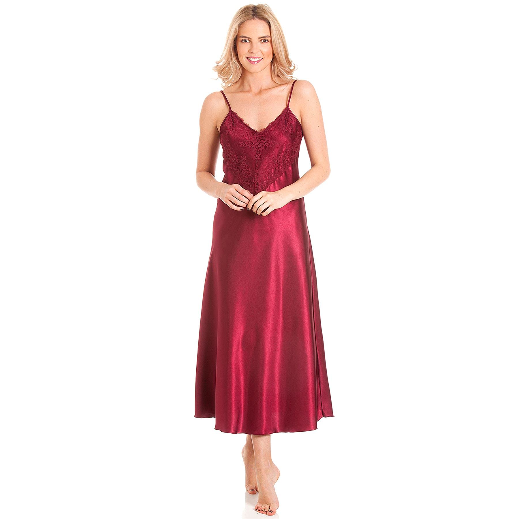 Evotex Trading Ladies Long Satin Lace Chemise Nightie Nightdress Claret 26/28