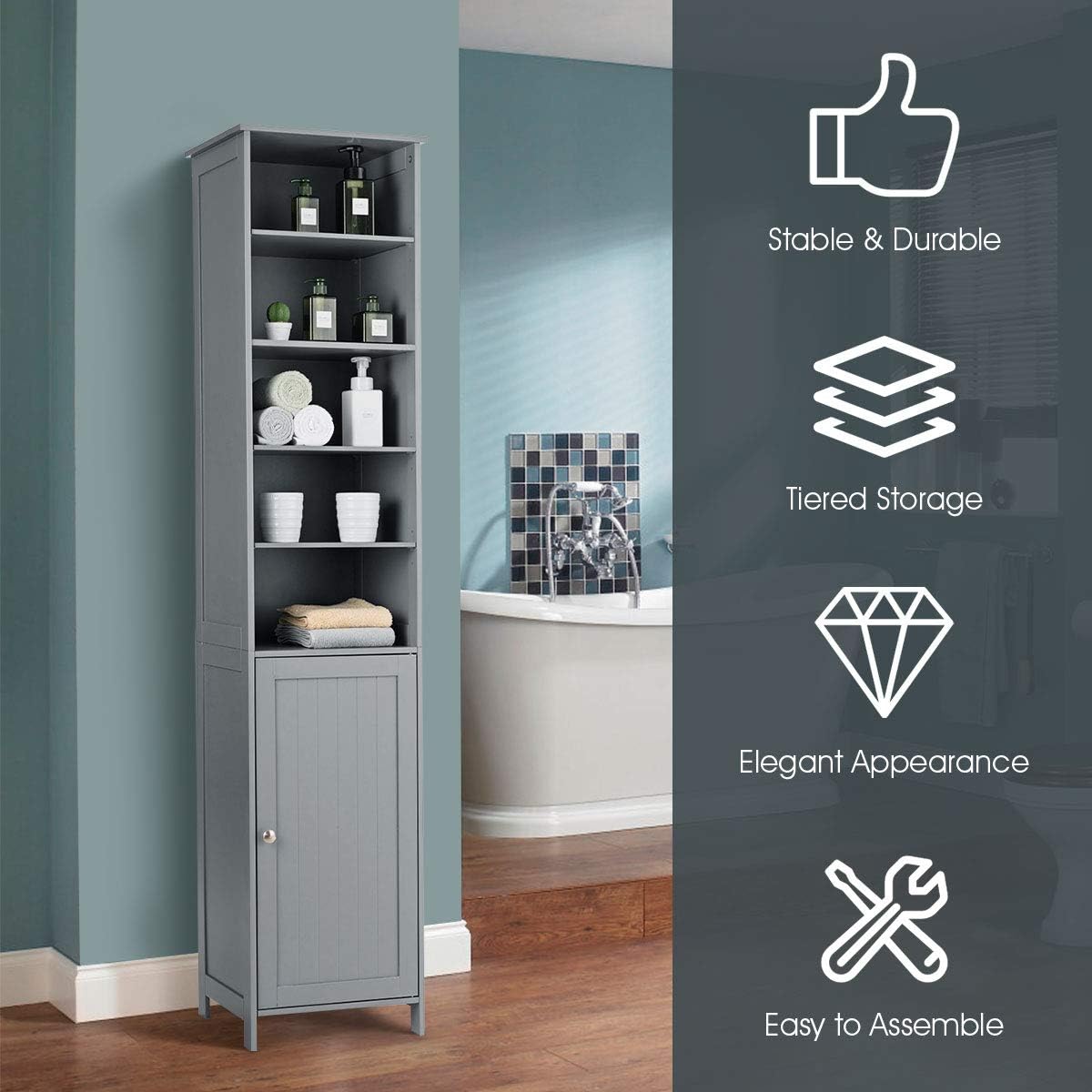 Tangkula Slim Tall Bathroom Storage Tower, 72" H with Adjustable Shelves & Cupboard, Space Saving Narrow Cabinet for Bathroom (Gray)