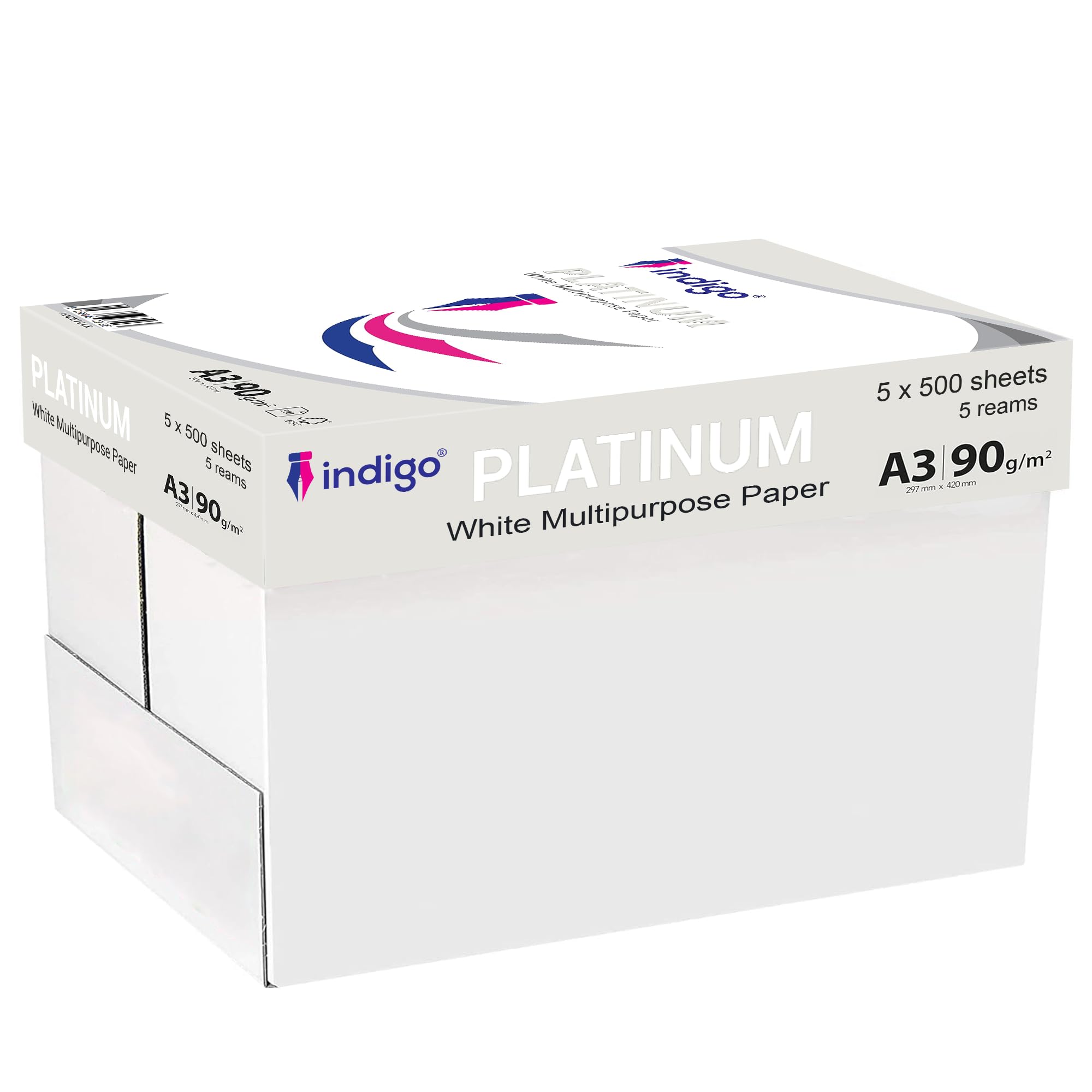 Indigo® Platinum A3 White Printer & Copier Paper – 90GSM – 2500 Sheets (1 Box) – Multipurpose for Laser, Inkjet & Copier