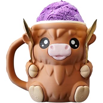Ice Cream Cup Holder Cow Highland Cow Ice Pint Holder Ice Cream Container Carton Anti-Freeze Hands Ice Cream Cup with Spoon Reusable Ice Cream Pint Case for Cream Containers