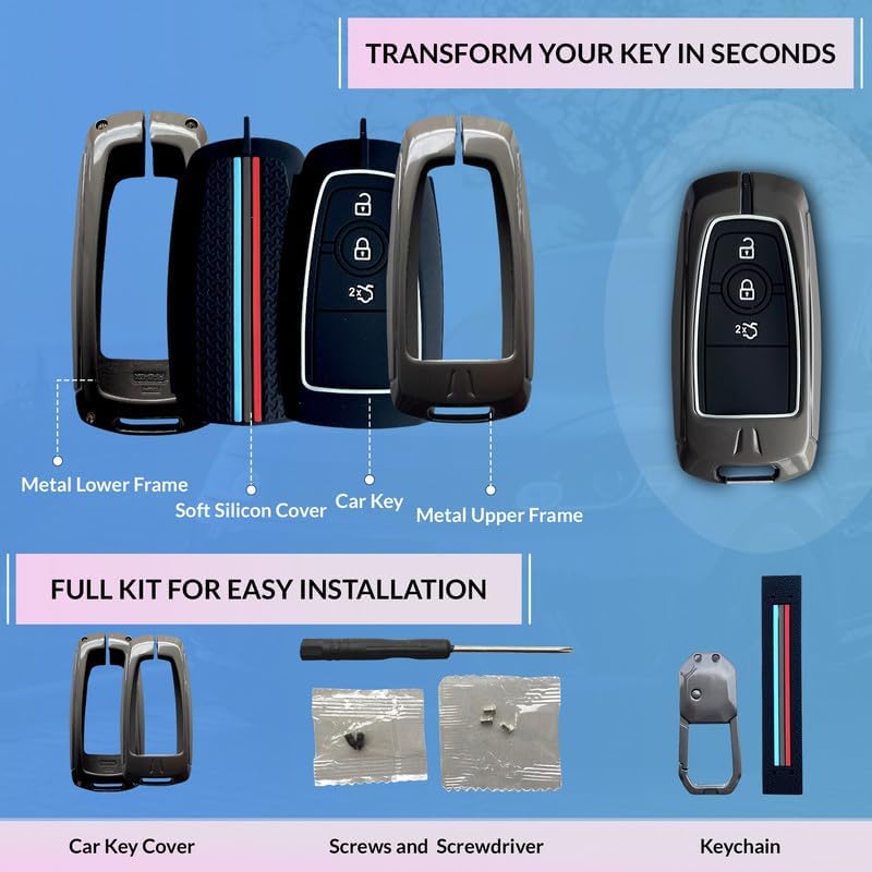 Image of BKN Premium Metal Soft Car Key Cover Shell with Keychain & Full Protection Compatible with Ford Endeavour, Ecosport, Figo, Aspire, Freestyle (3 Button Push Smart Key)