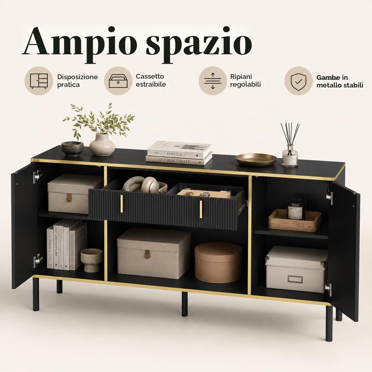 Credenza con 4 ante e 1 cassetto, ripiano regolabile, cassettiera, armadio da cucina, buffet con gambe in metallo per ingresso