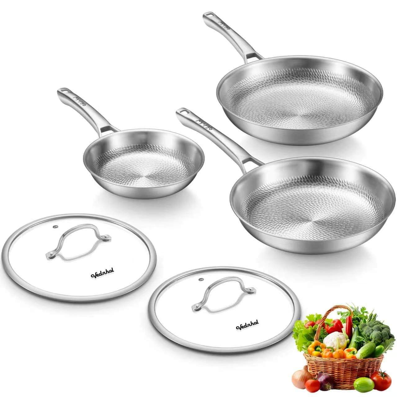 Titanium Pans for Cooking, 8+10+12 Inch Non-Toxic Skillet with 2 Lids