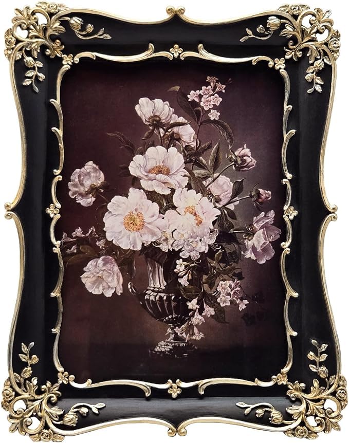 5x7 Vintage Picture Frame, Antique Black and Gold Ornate Photo Frame for Wall Hanging or Tabletop Display, Decorative Floral Design Retro Home Decor