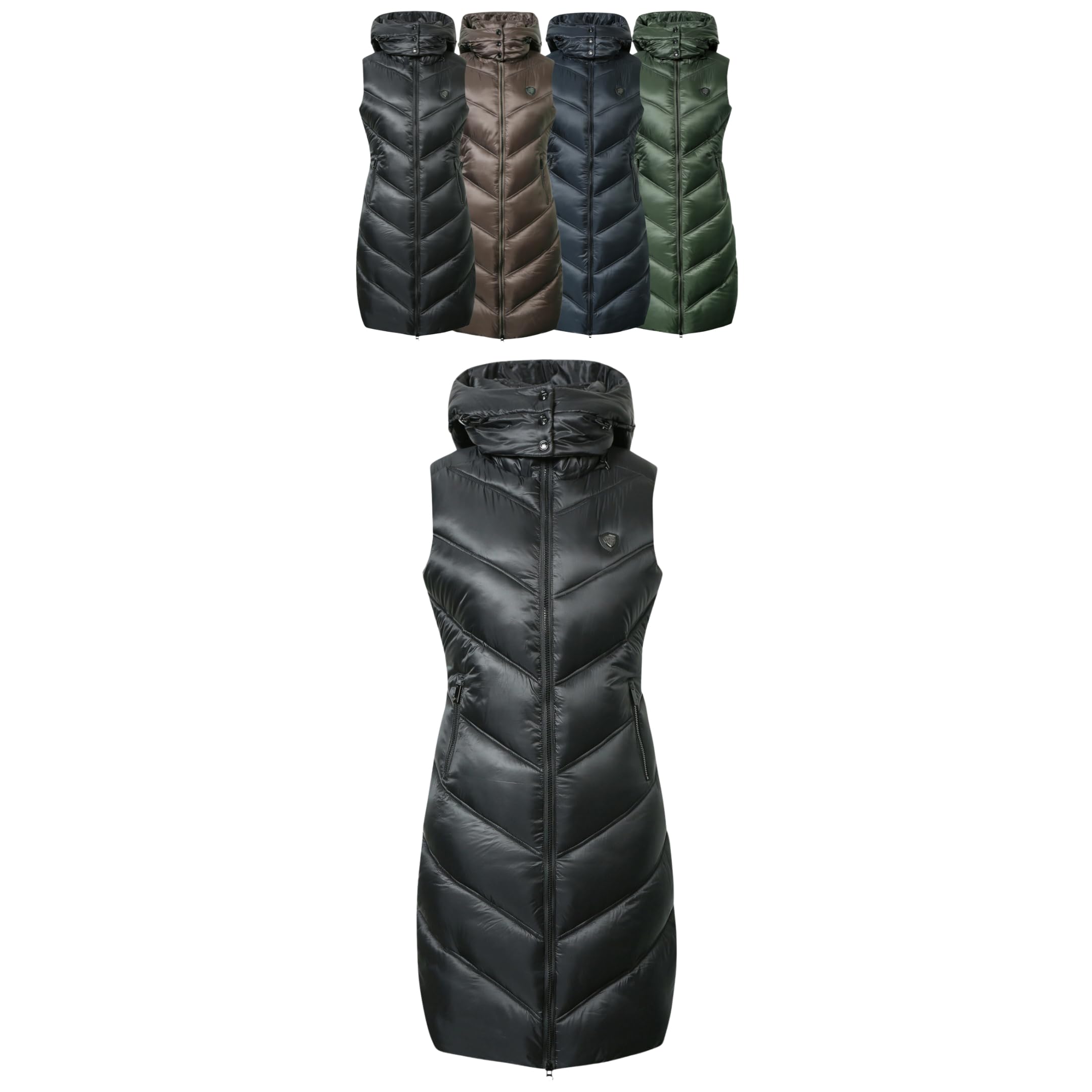 Covalliero - Damen Langweste | Longweste zum Reiten | Reitweste mit Reitschlitz | Steppweste mit Kapuze & 2 Taschen | wasserabweisende Winterweste | Reitbekleidung in vielen Farben & Größen