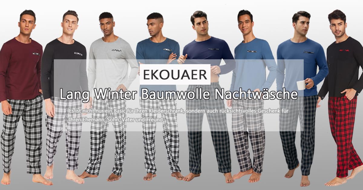 Ekouaer Pigiama da Uomo Invernale Pigiami Maniche Cotone Lunghe Girocollo Abbigliamento da Notte Casual Loungewear