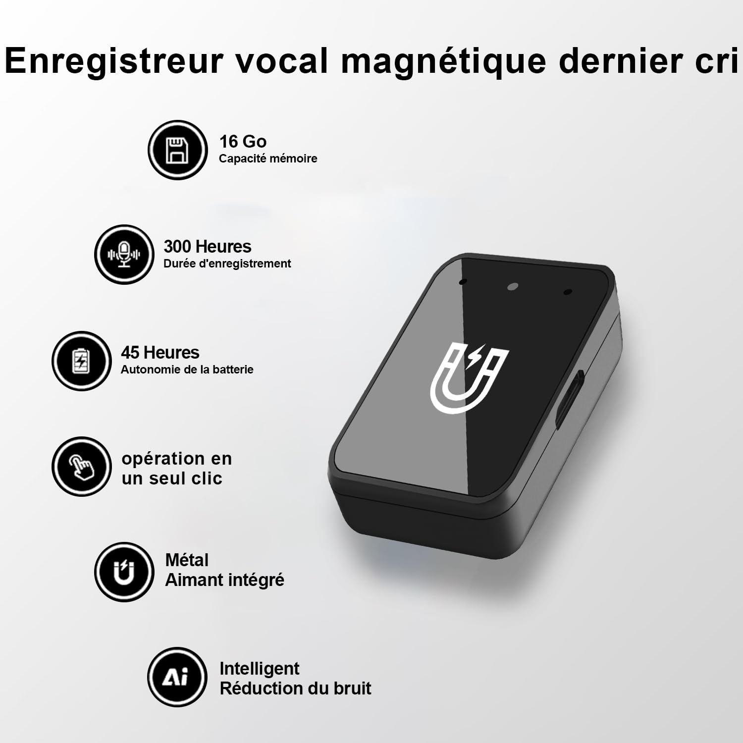 Registratore vocale magnetico 64 GB con riduzione del rumore, porta USB-C ricaricabile per studi, conferenze, riunioni, interviste, registratore audio portatile con auricolari, facile da usare