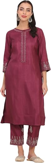 W for Woman Mukaish Embellished Straight Karnataka Silk Purple Kurta and Straight Pants Co-ord Set
