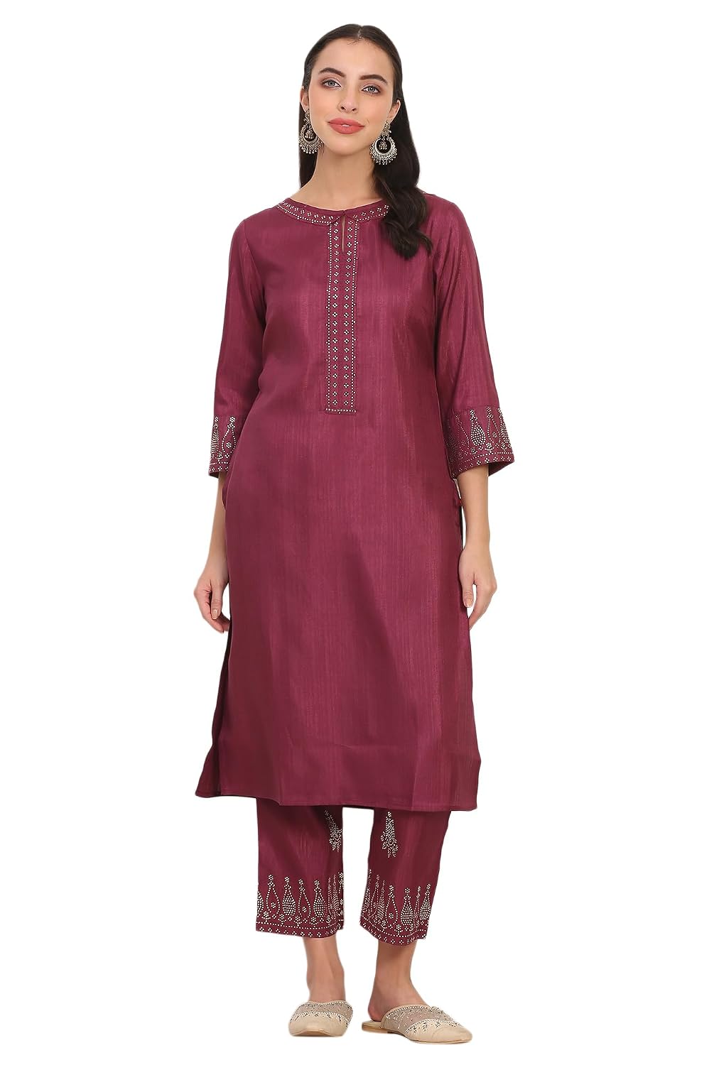 W for Woman Mukaish Embellished Straight Karnataka Silk Purple Kurta and Straight Pants Co-ord Set - Review, Price and Buying Guide