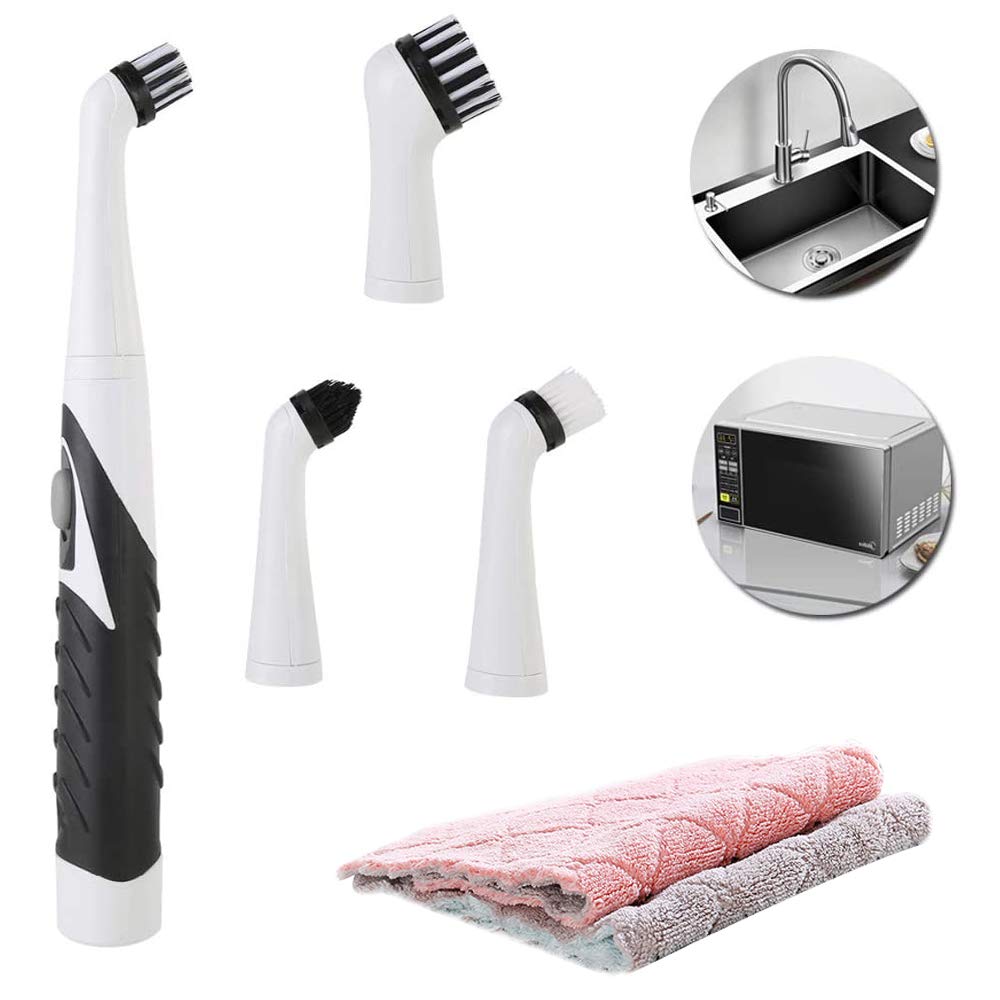 Electric Cleaning Brush Household Oscillating Cleaning Tool Electric Handheld Mini Ultrasonic Cleaning Scrubber with 4 Head Replacement 2 Clean Dishcloth for Household Kitchen Bathroom (Black+White)