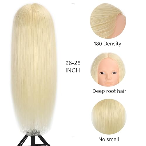 Miniatura 10 de Cabeza de maniquí con cabello humano 100% real, cabeza de muñeca de maniquí de cosmetología para peinar peluquería práctica cabeza de entrenamiento