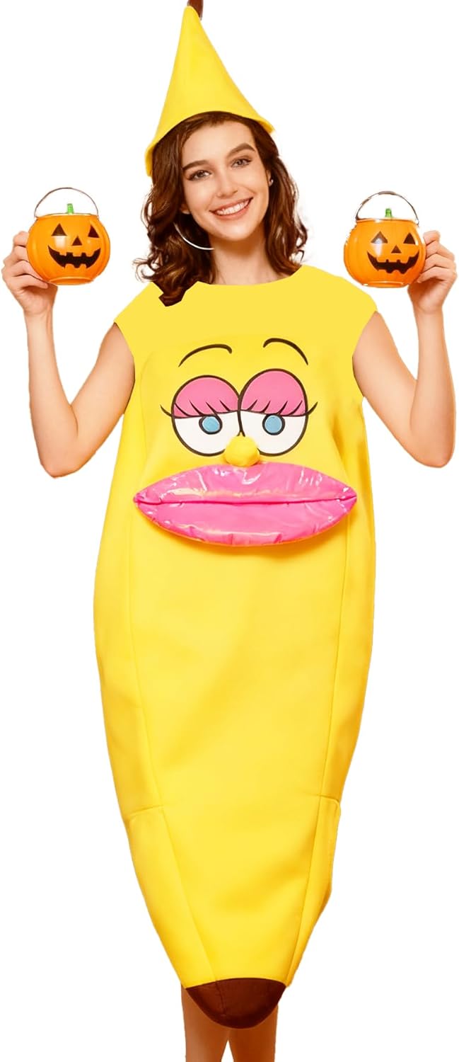 Halloween Banana Costume for Women, Big Lips Banana Onesie One Size Fruit Costume Adult, Suitable for Halloween Cosplay Party Family Events