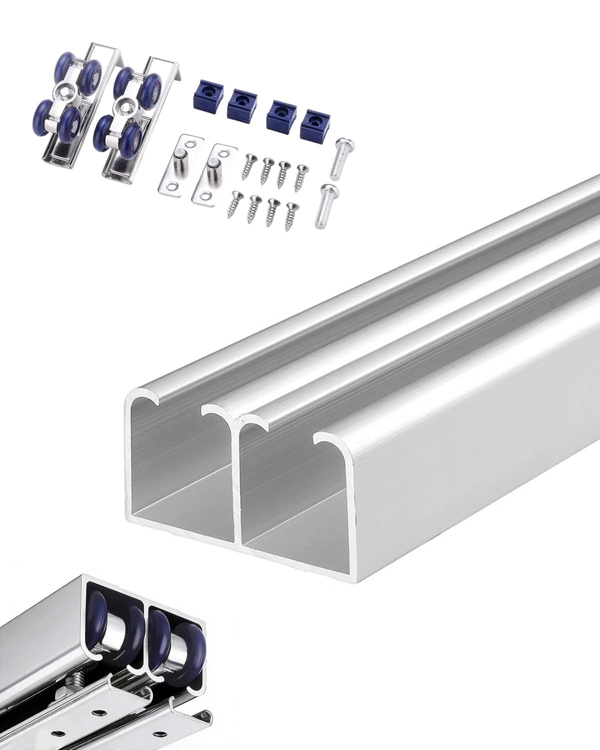 Rail Porte Coulissante Kit de Rail Coulissant pour Porte Placard à Double Contour Renforcé, Quincaillerie pour Fantôme Grange et Armoire pour Portes Coulissantes en Bois(Silver,4.1ft/125cm)