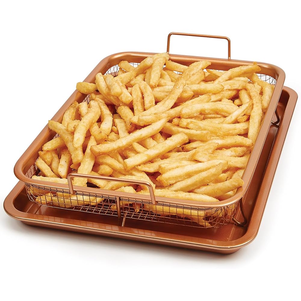 TOMVAES Copper Crisper Tray, Non Stick Oven Baking Tray with Elevated Mesh, Crisping Grill Basket, Air Frying Sheet, Cookie Sheet Tray, French Fries Tray, Oven Rack, 32.5 * 24.5 * 8cm