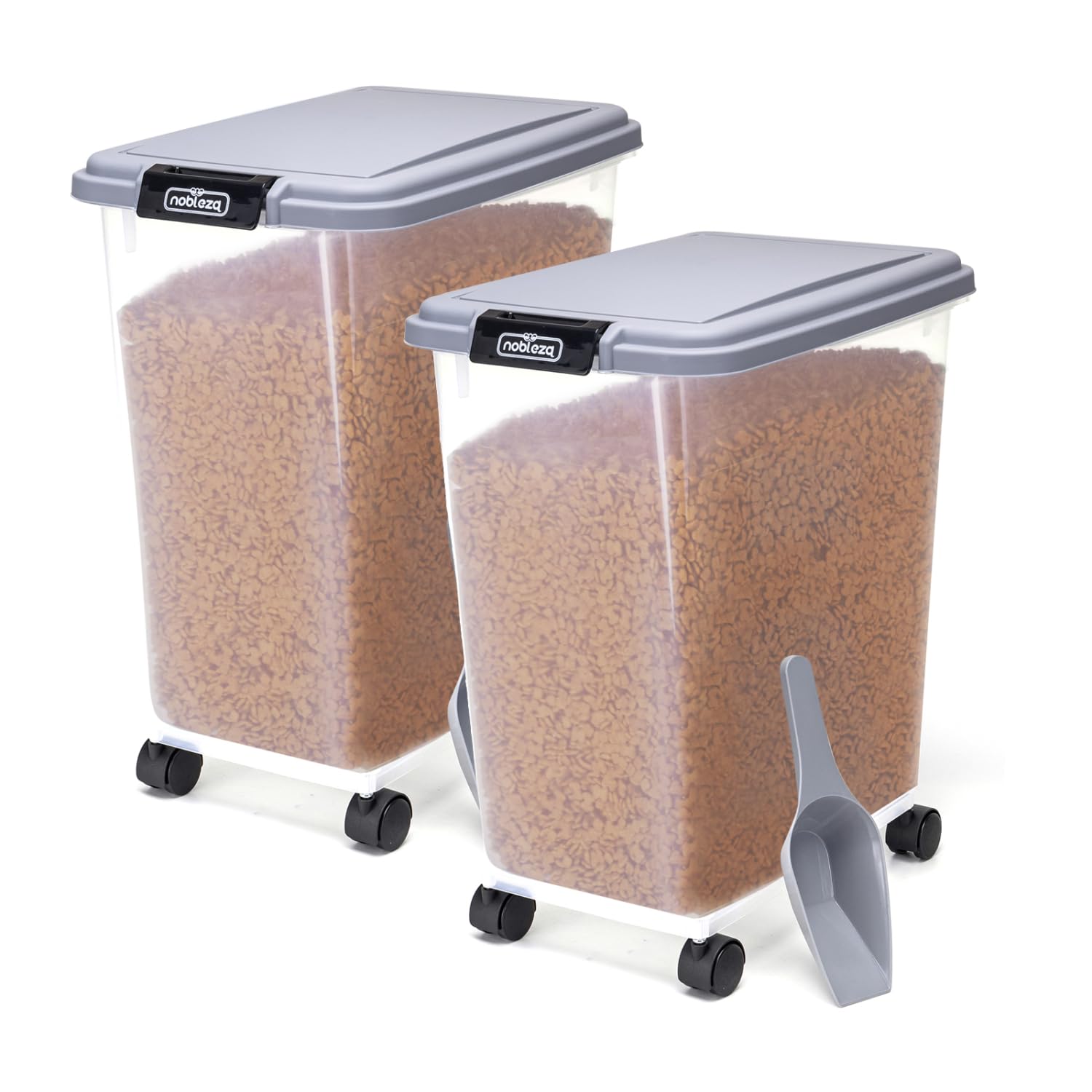 Nobleza - 2 Stück Futterbehälter für Haustiere,40 L,für Haustiere, Lebensmittelbox mit Rädern,Klappdeckel,Luftdicht,Transparent, Rollen und Schaufel,für Hunde und Katzen,Grau