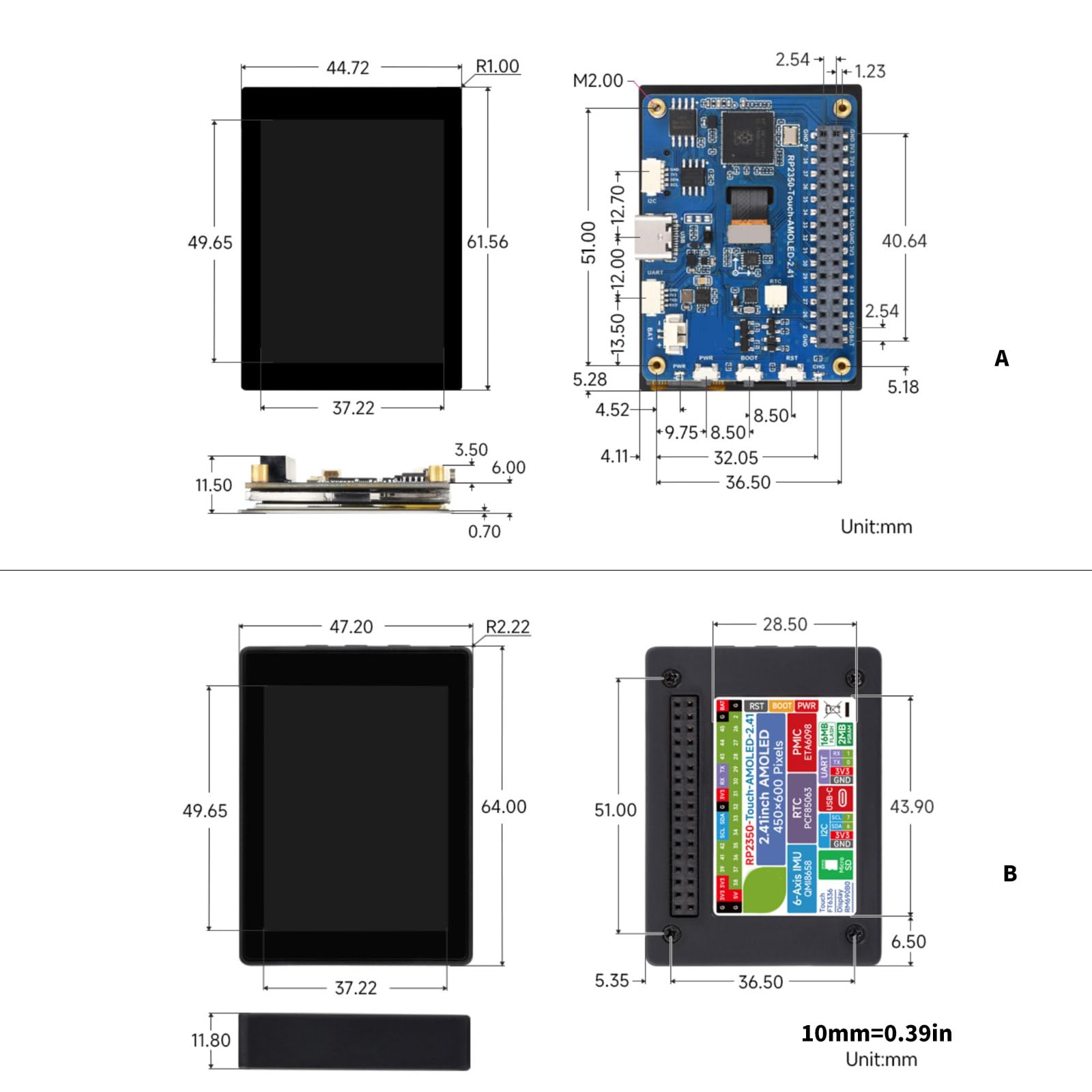 Modulo microcontroller programmabile RP2350 con display AMOLED da 2,41 pollici e scheda di sviluppo della memoria espandibile