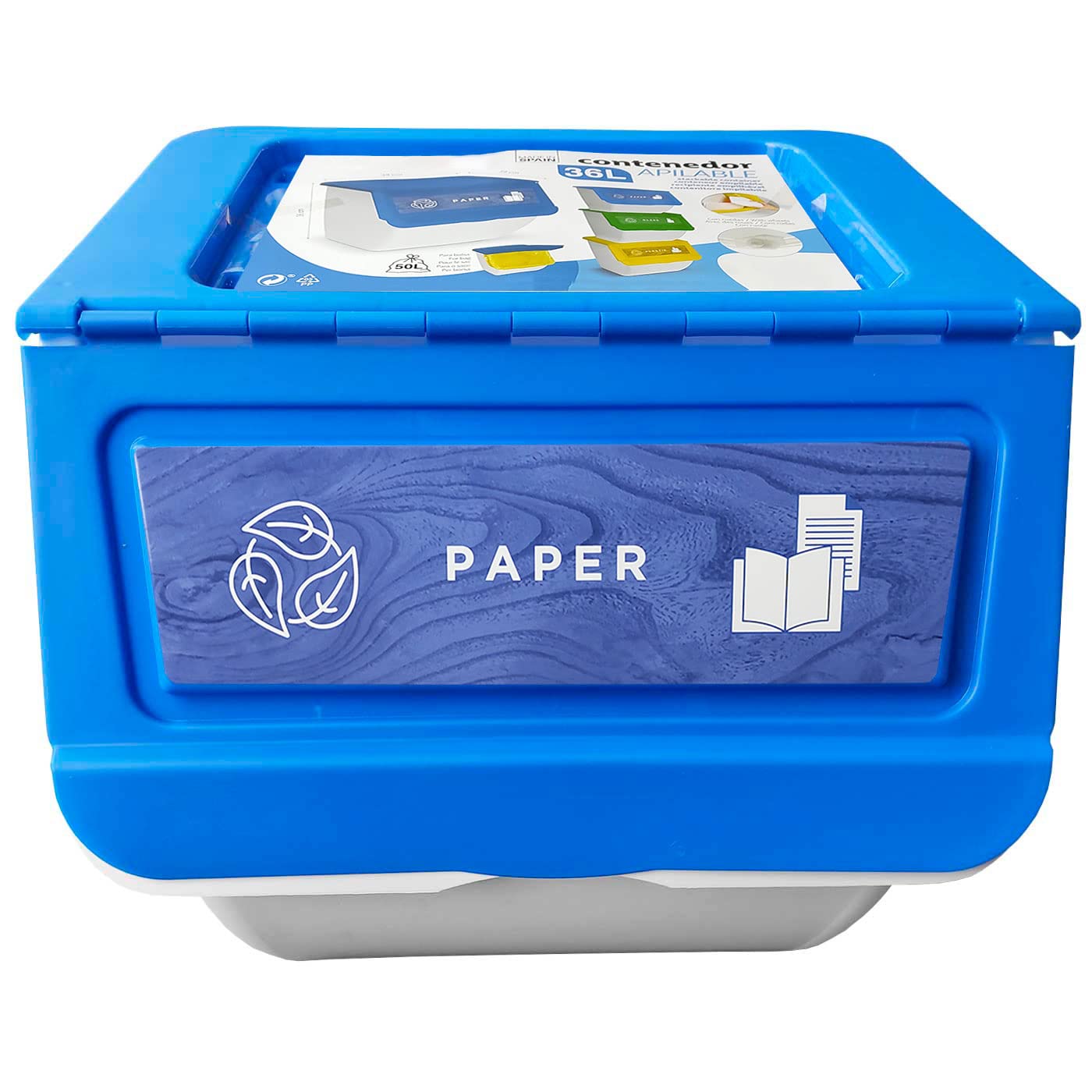 AC - Pack de 3 Contenedores apilables de Polipropileno - Cubo de Reciclaje de Basura, Caja de Almacenamiento de residuos, fácil Apertura – 36 L – Plástico, Vidrio y Papel – 36 x 38,5 x 38 cm