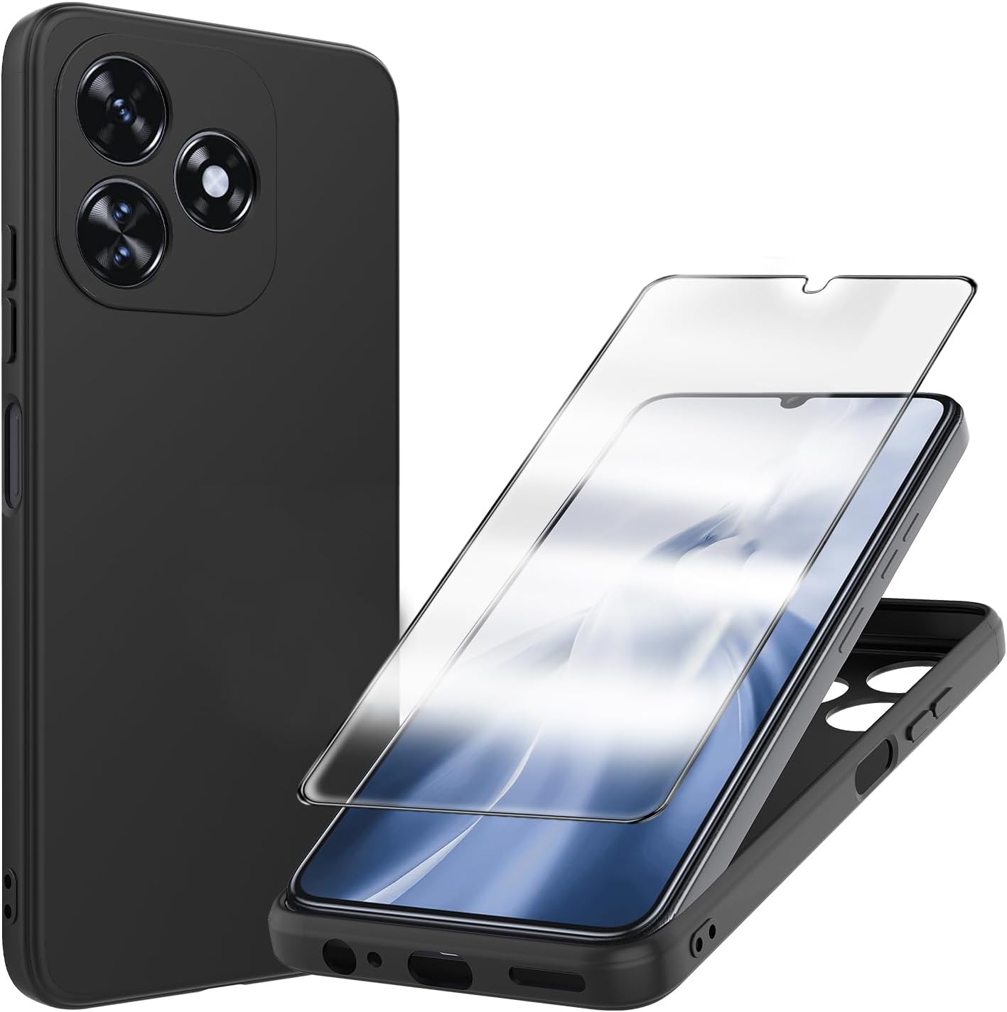 for Oukitel C51 Case with Tempered Glass Screen Protector Slim Silicone Bumpers Anti-Scratch Shockproof Protective Phone Case Cover for Oukitel C51(Black)