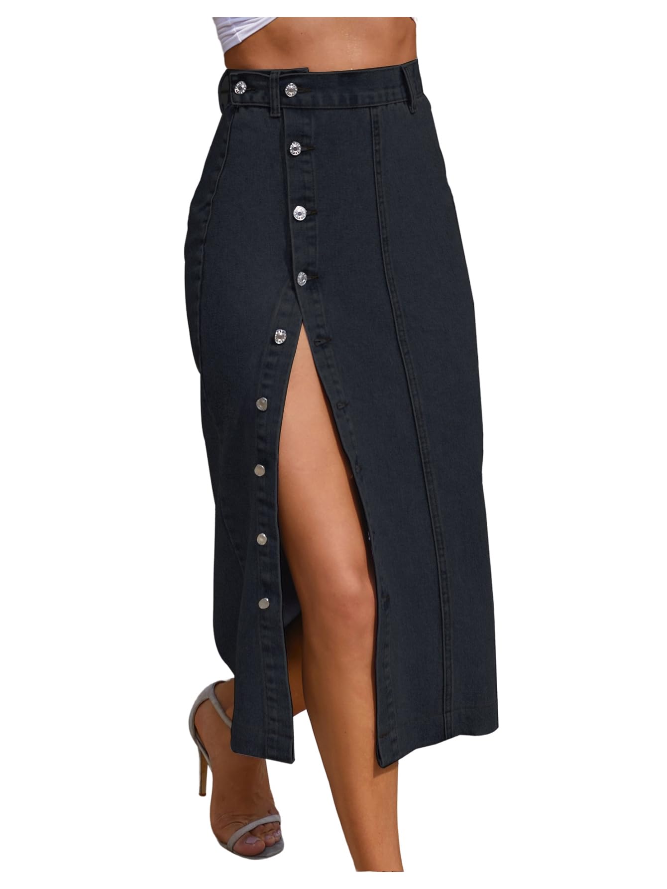 WDIRARA Womens Asymmetrical Denim Midi Skirt Button Down High Waisted Jean Skirt