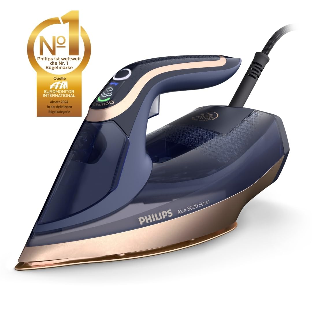 Besuche den Philips- Philips Azur 8000 Serie Dampfbügeleisen - 85 g/min Dauerdampf, 260 g Turbo-Dampfstoß, 3000W, OptimalTEMP Technologie, SteamGlide Elite-Bügelsohle, Dunkelblau (DST8050/20) in use