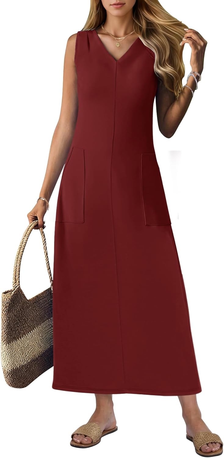 MISFAY Women Summer Maxi Dress 2026 Sundress Wrinkle-Free Casual Beach Long Dress Sleeveless Vacation Maxi Dress with Pockets