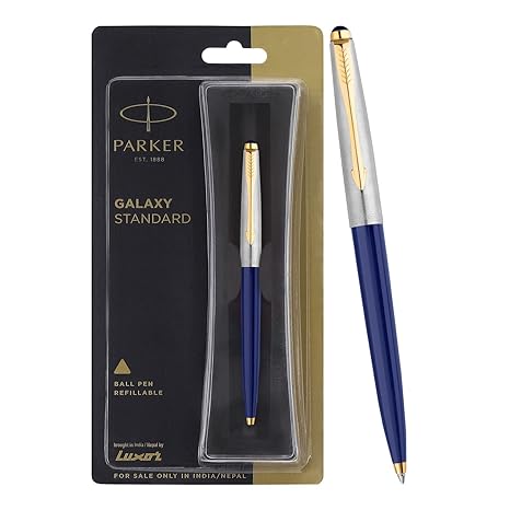 Parker Galaxy Stainless Steel Gold Trim Ball Pen - Blue Body