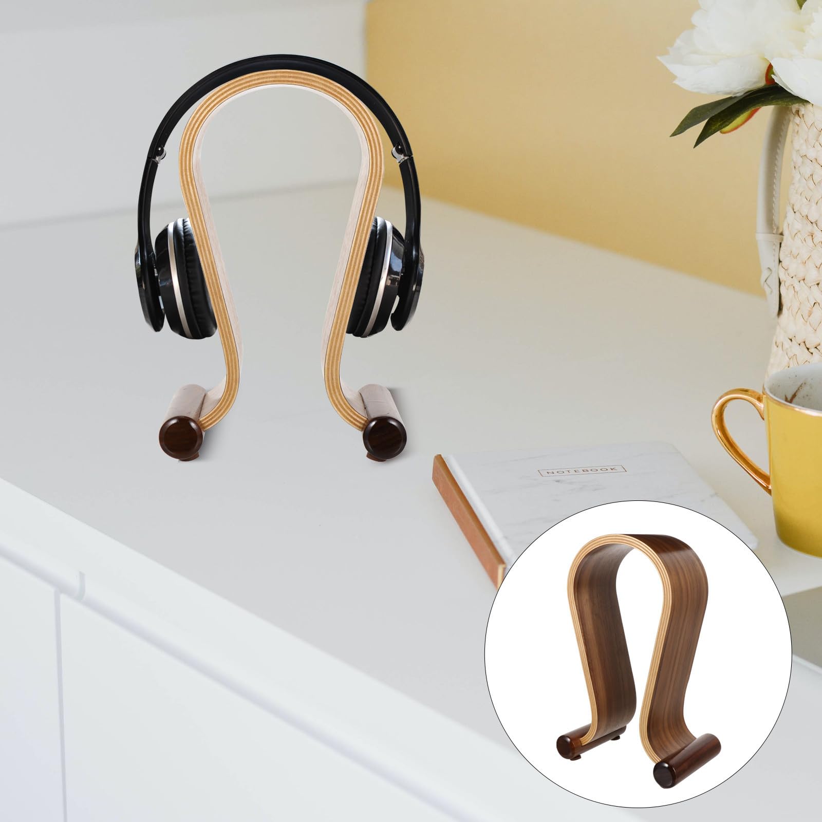 Support pour Casque Audio en Bois Noyer Stable et Robuste Accessoire Bureau Gaming