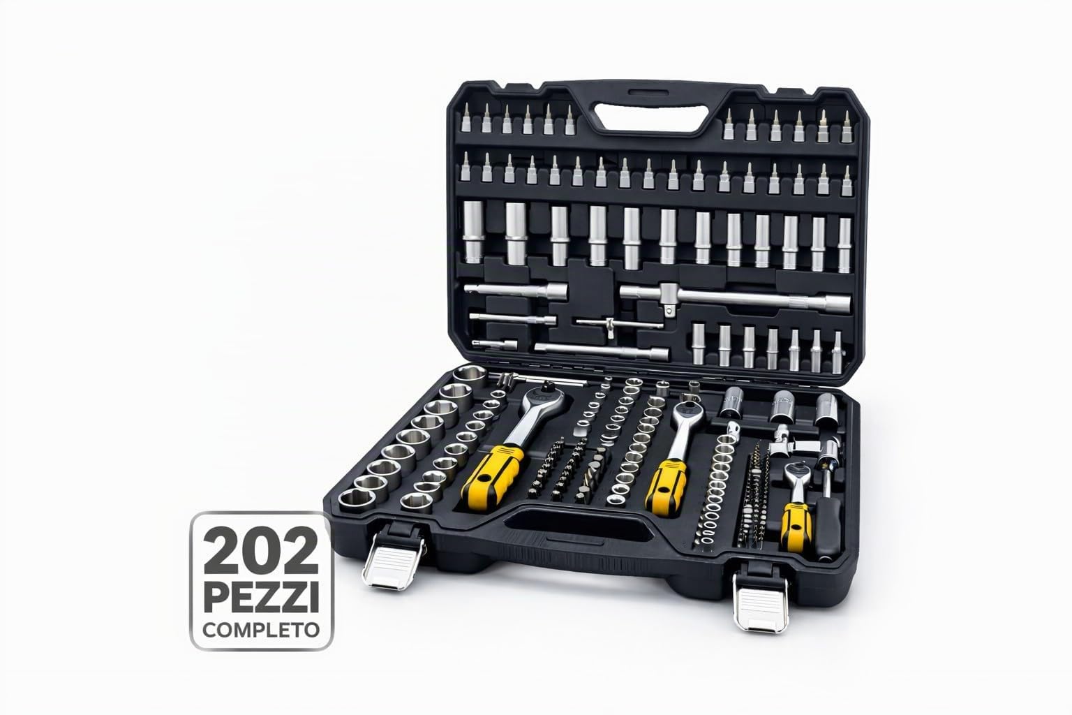 Valigetta Attrezzi 202 Pezzi Chiavi a Bussola con Cricchetto 1/4" 3/8" 1/2" Acciaio Cr-V Professionale Set Bussole Completo con inserti Torx, Prolunghe e Accessori Kit Utensili Meccanico per Auto
