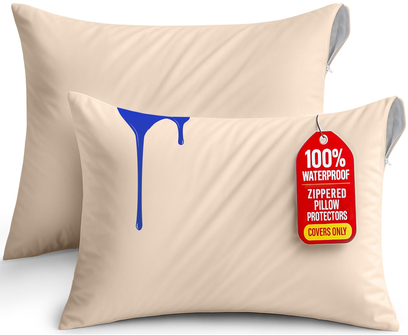 Utopia Bedding Waterproof Pillow Protectors Zippered (2 Pack, Beige) Standard Size, Zippered Pillowcases, Bed Bug Proof Pillow Encasement Covers 20 x 26 Inches
