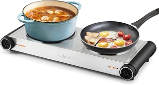 Cusimax Hot Plate,1800W Portable Electric Countertop Double Burner,Cast Iron Stove, Concealed Handle,Temperature Controls, Compatible for All Cookwares,Easy Clean, Upgraded Version(Sliver)