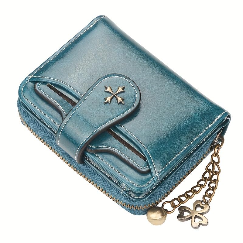 Wallet Women,Chic Mini Wallet for Women with Secure Hasp,Multiple Card Slots & Zipper Coin Pocket,Detachable Metal Chain,Synthetic Leather,Compact Wallet,Metal Zipper Closure, Small Wallet (Blue)